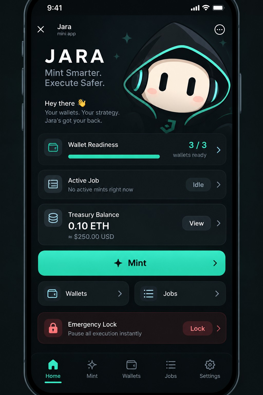 Jara mini-app product mockup showing the mascot, wallet readiness, active job, treasury balance and Emergency Lock interface
